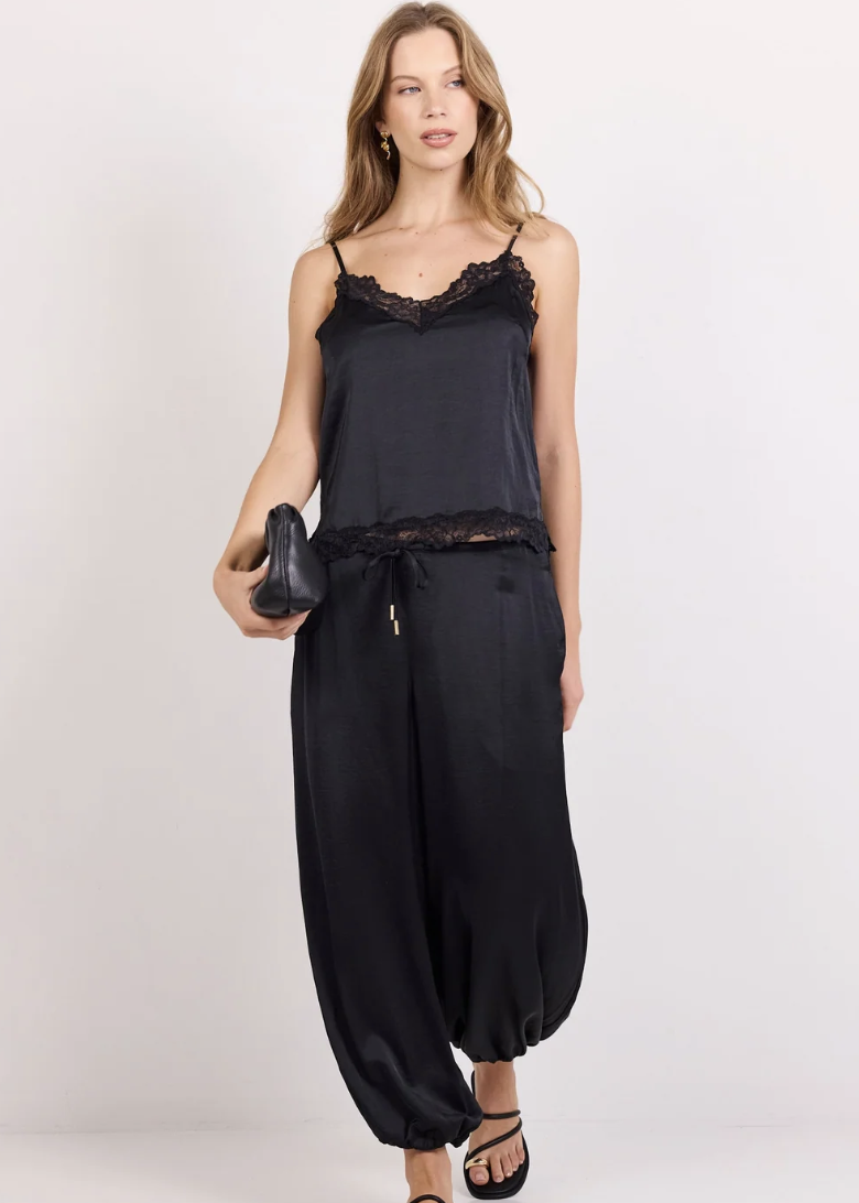 Fluidity Black Satin Balloon Pull on Pants   | Abbey Road Kaikoura