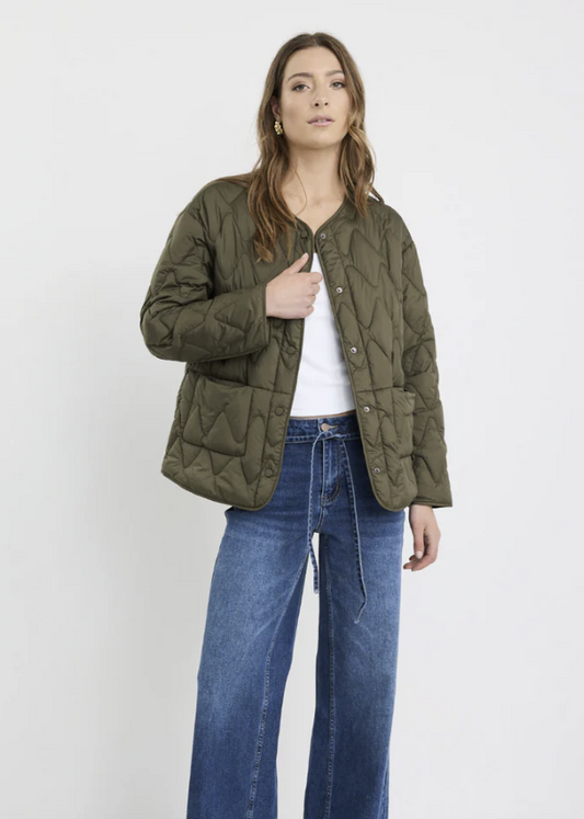 Frankly Khaki Boxy Snap Front Puffer Jacket | Abbey Road Kaikoura