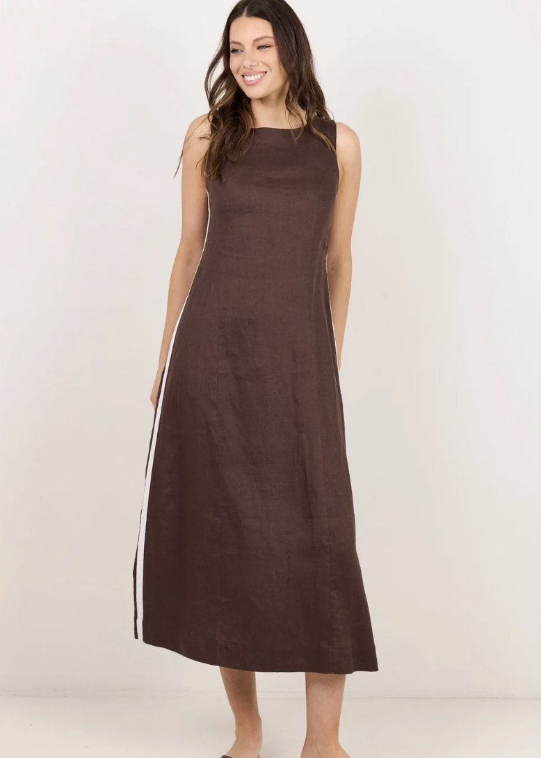Future Linen Sleeveless Midi Dress - Chocolate | Abbey Road Kaikoura