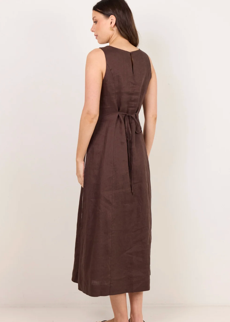 Future Linen Sleeveless Midi Dress - Chocolate | Abbey Road Kaikoura