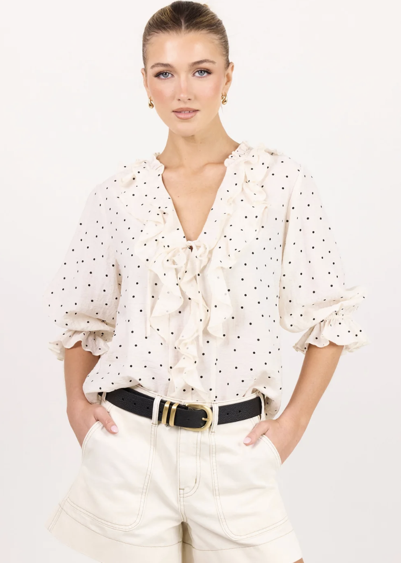 Garnish Cream Black Polka Dot Frill Front Mid Sleeve Top | Abbey Road Kaikoura