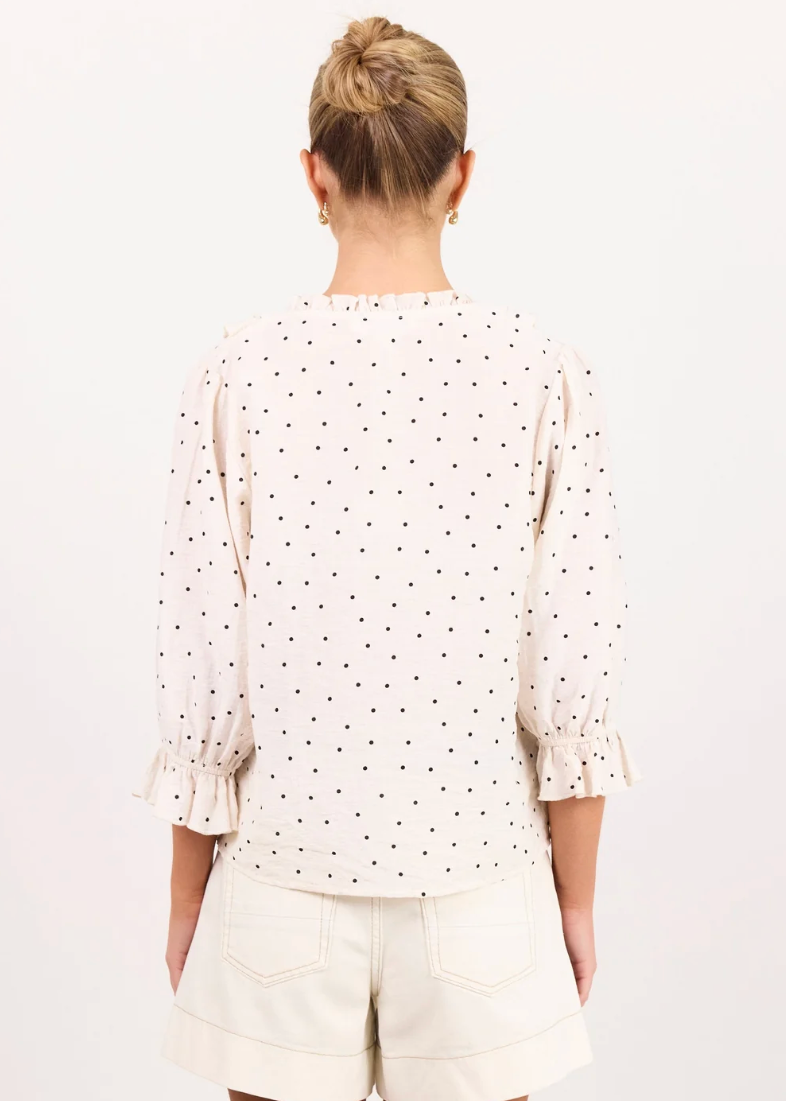 Garnish Cream Black Polka Dot Frill Front Mid Sleeve Top | Abbey Road Kaikoura