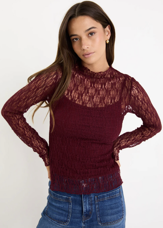 Giving Burgundy Lace Long Sleeve Top | Abbey Road Kaikoura