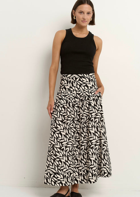 Goodness Black Leaves Shirred Back Maxi Skirt | Abbey Road Kaikoura