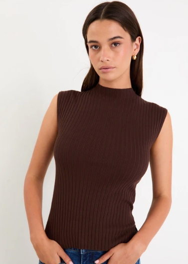 Heroic Chocolate Sleeveless Funnel Neck Rib Knit Top | Abbey Road Kaikoura