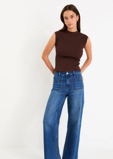 Heroic Chocolate Sleeveless Funnel Neck Rib Knit Top | Abbey Road Kaikoura 