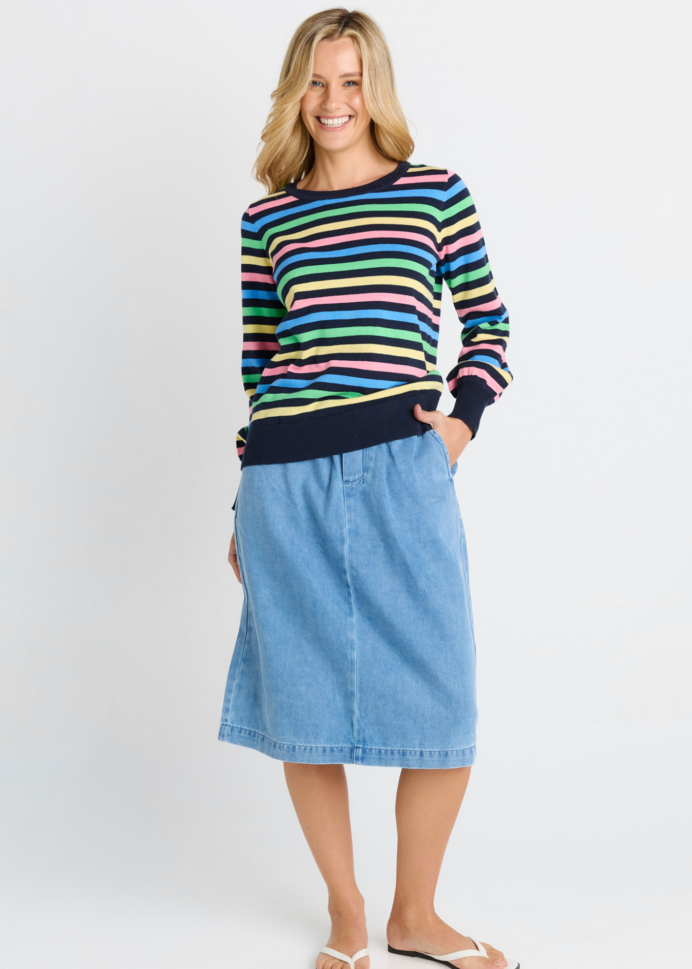Indie Knit Sweater - Rainbow Navy Stripe | Abbey Road Kaikoura