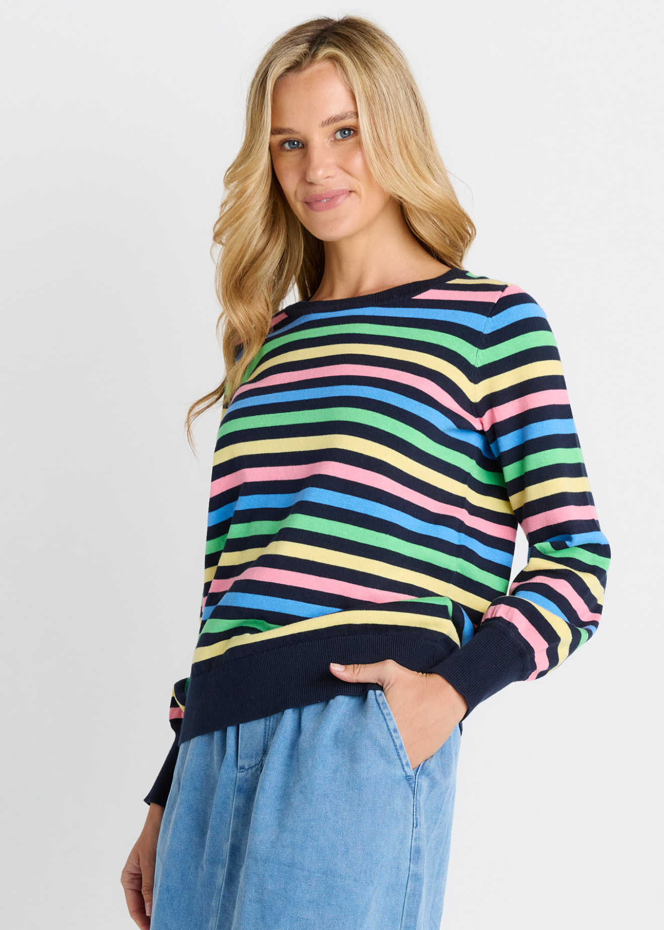 Indie Knit Sweater - Rainbow Navy Stripe | Abbey Road Kaikoura