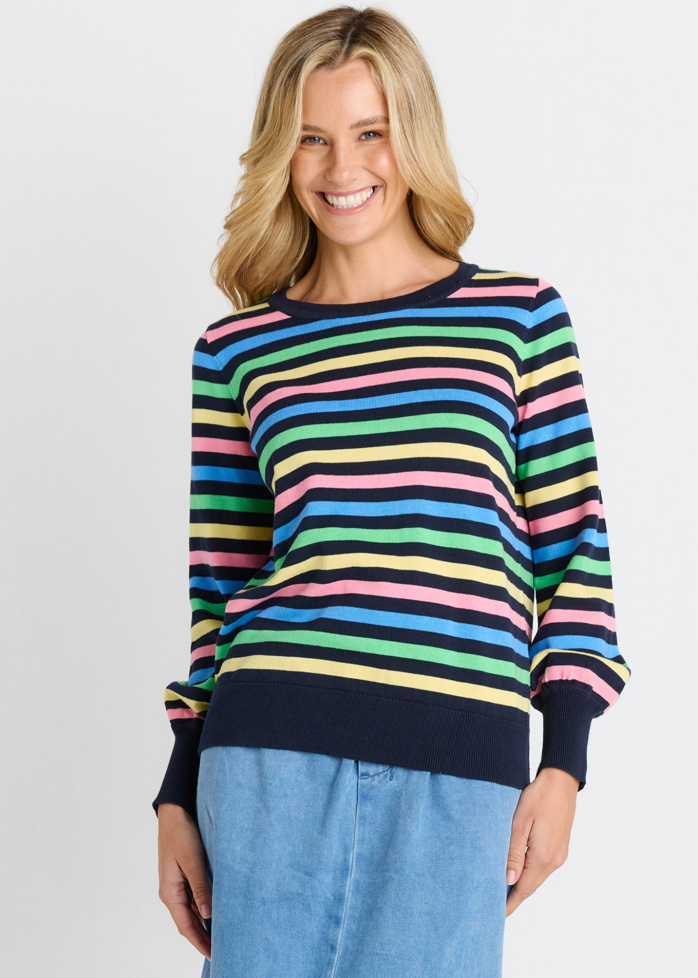 Indie Knit Sweater - Rainbow Navy Stripe | Abbey Road Kaikoura