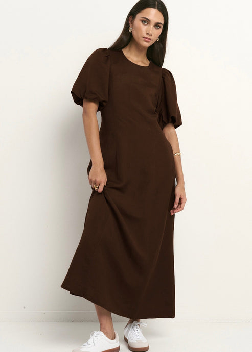 Indulgent Chocolate Puff Sleeve Relaxed Midi Dress | Abbey Road Kaikoura