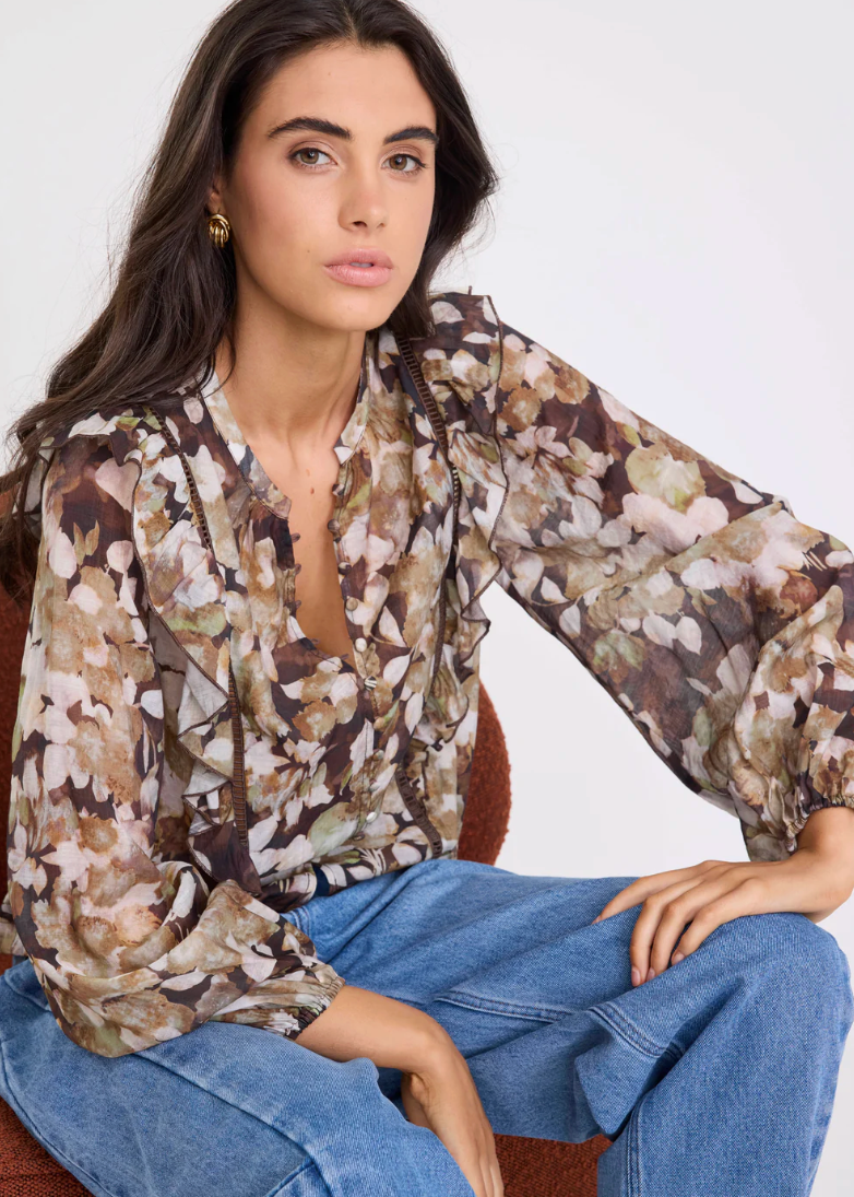 Integrity Black Beige Floral Frill Detail LS Top | Abbey Road Kaikoura 