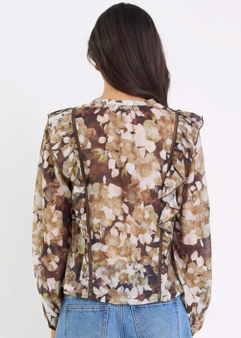 Integrity Black Beige Floral Frill Detail LS Top | Abbey Road Kaikoura 