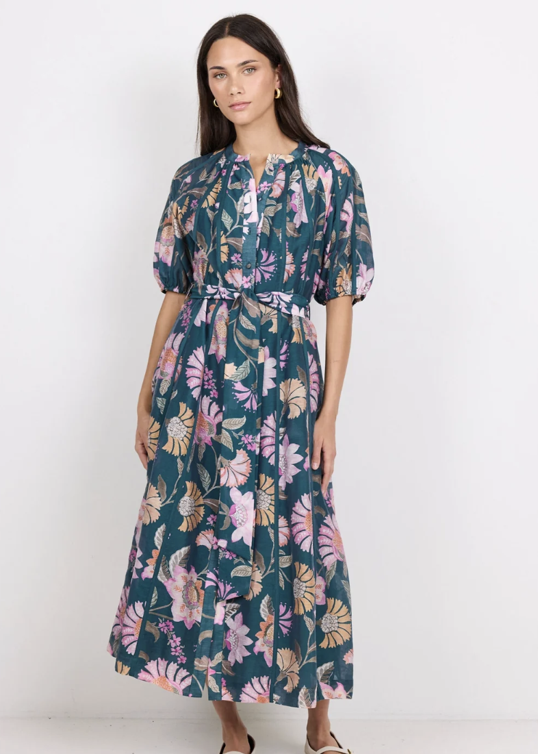 Intuition Petrol Scarf Print Puff Sleeve Maxi Shirt Dress | Abbey Road Kaikoura
