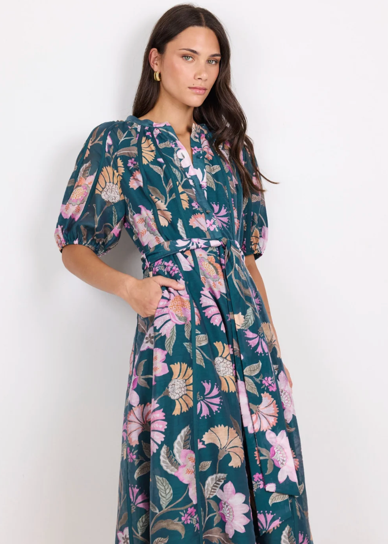 Intuition Petrol Scarf Print Puff Sleeve Maxi Shirt Dress | Abbey Road Kaikoura