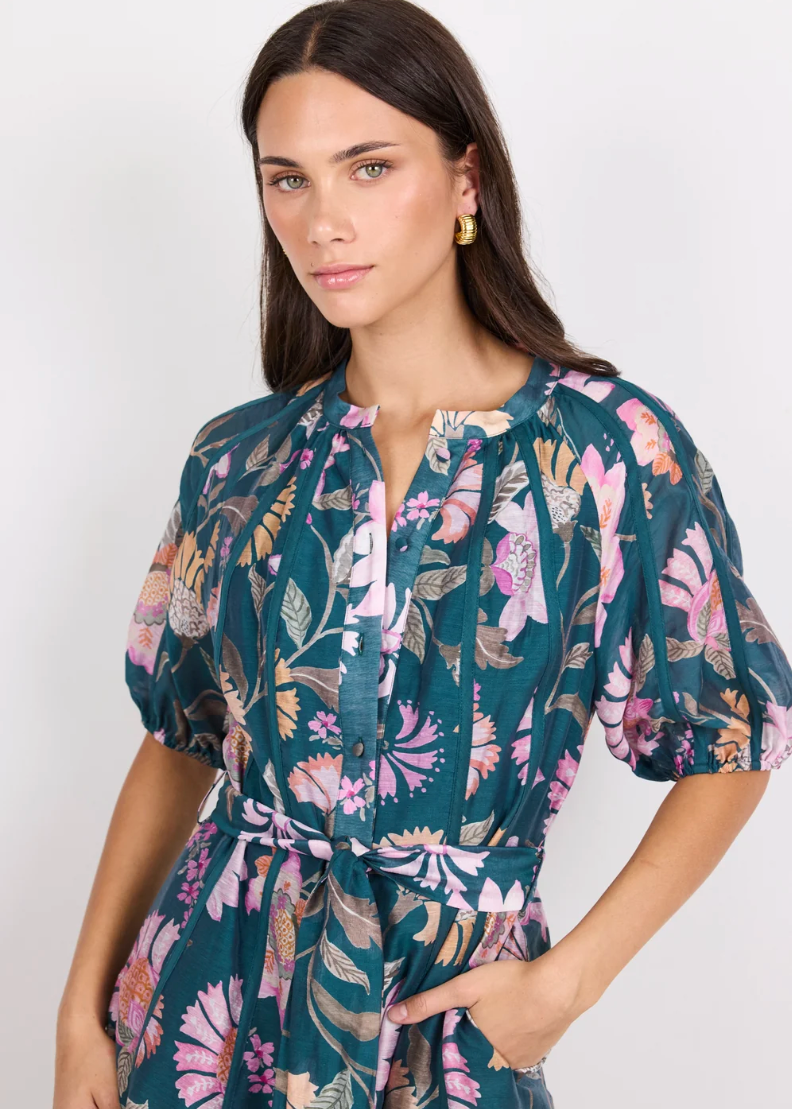 Intuition Petrol Scarf Print Puff Sleeve Maxi Shirt Dress | Abbey Road Kaikoura