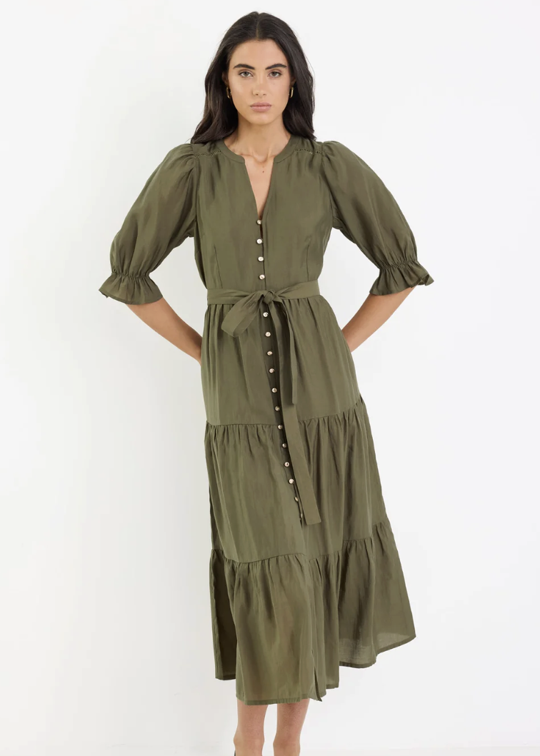 Irresistible Khaki SS Button Front Tiered Maxi Dress | Abbey Road Kaikoura