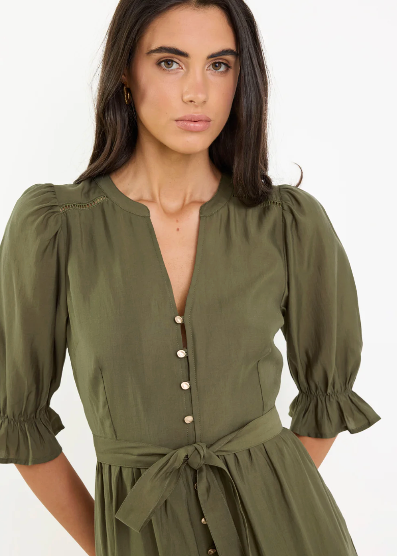 Irresistible Khaki SS Button Front Tiered Maxi Dress | Abbey Road Kaikoura