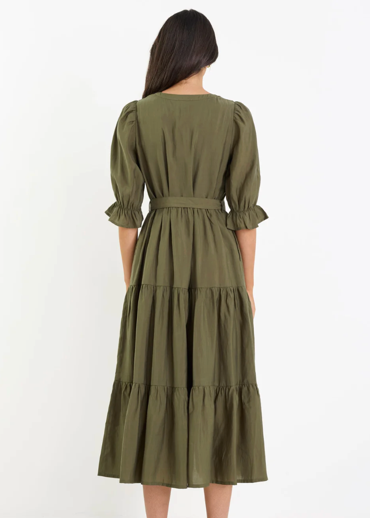 Irresistible Khaki SS Button Front Tiered Maxi Dress | Abbey Road Kaikoura