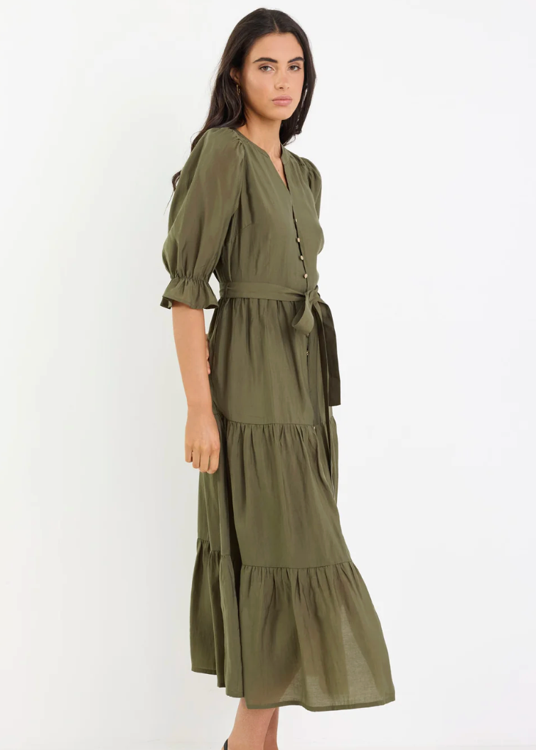 Irresistible Khaki SS Button Front Tiered Maxi Dress | Abbey Road Kaikoura