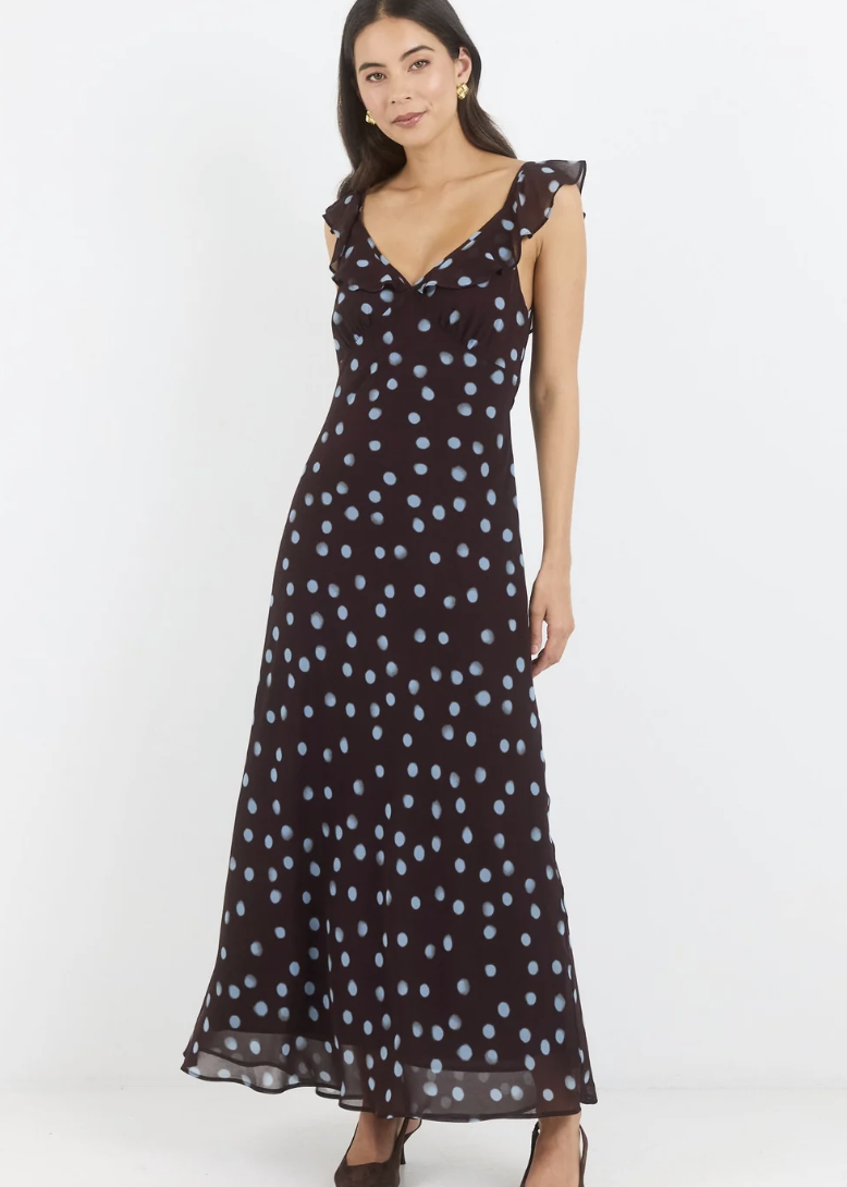 Joyous Chocolate Blue Polka Dot Georgette Bias Slip Maxi | Abbey Road Kaikoura