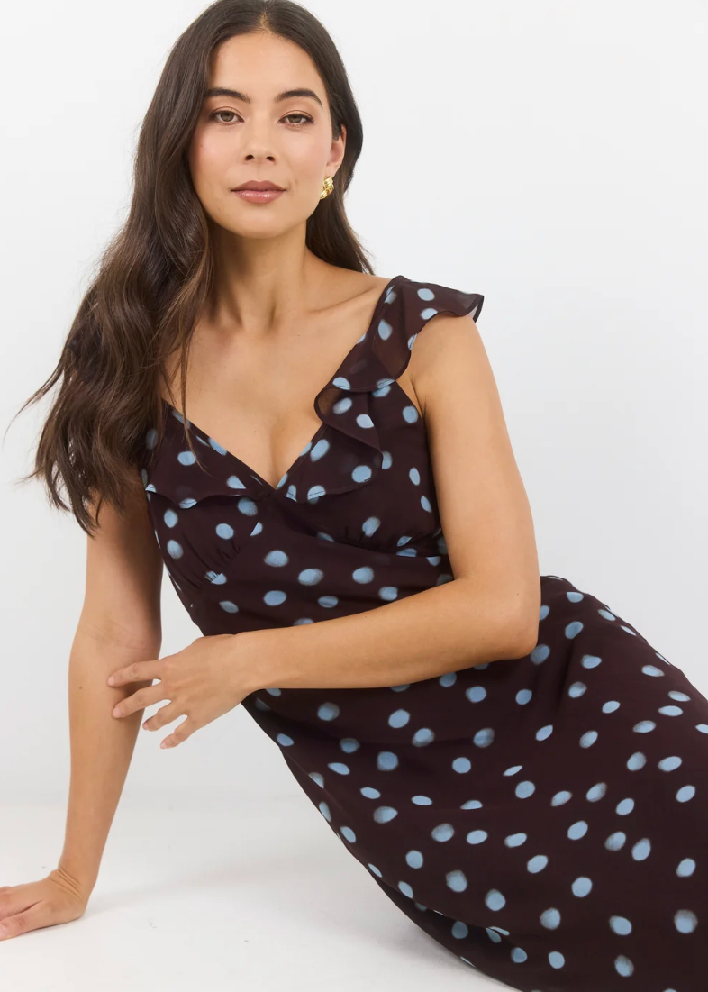 Joyous Chocolate Blue Polka Dot Georgette Bias Slip Maxi | Abbey Road Kaikoura