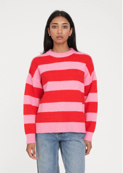 Kenzie Stripe Knit Crew Pink/Red | Abbey Road Kaikoura