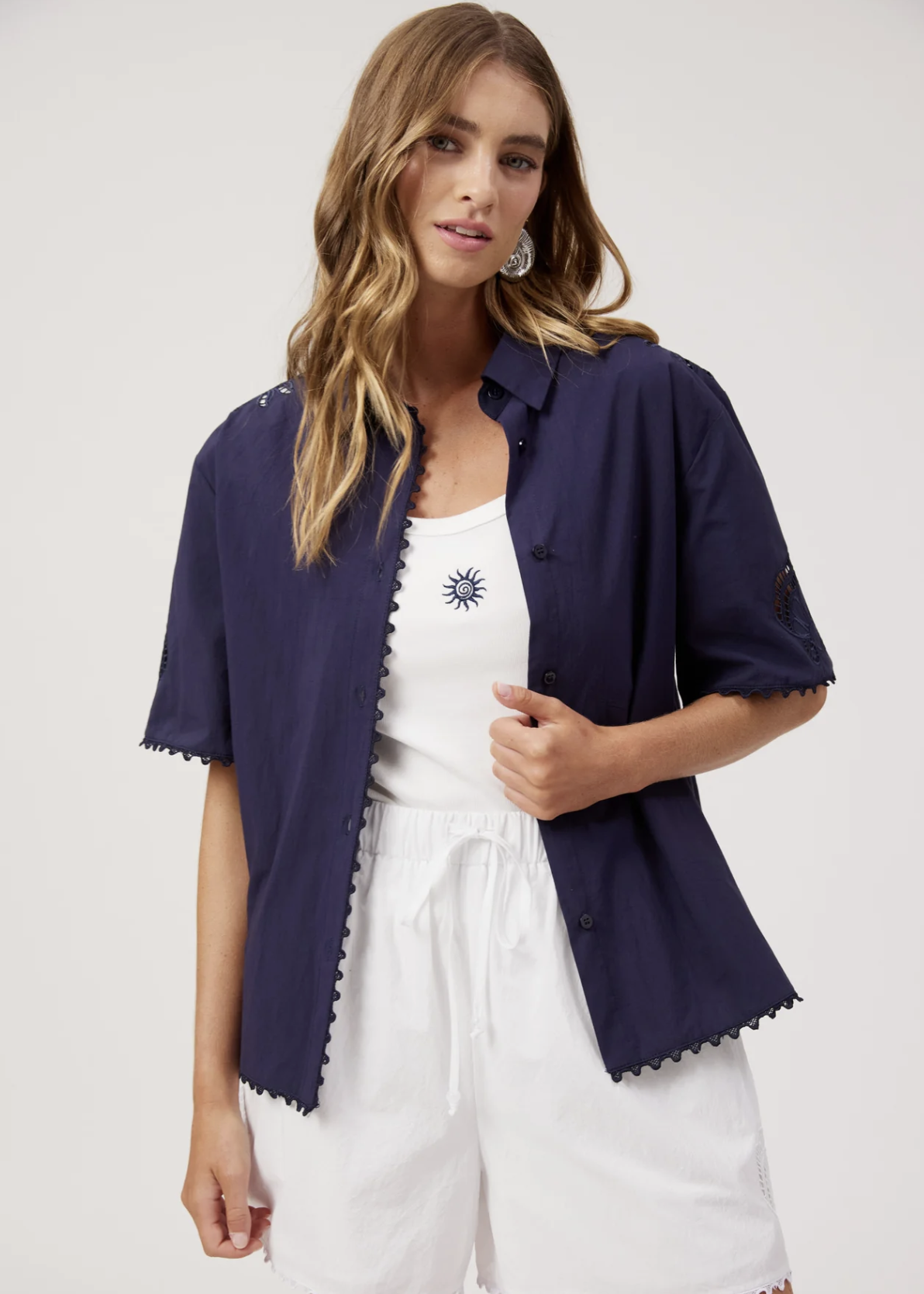 Larissa Broderie Shirt - Navy | Abbey Road Kaikoura