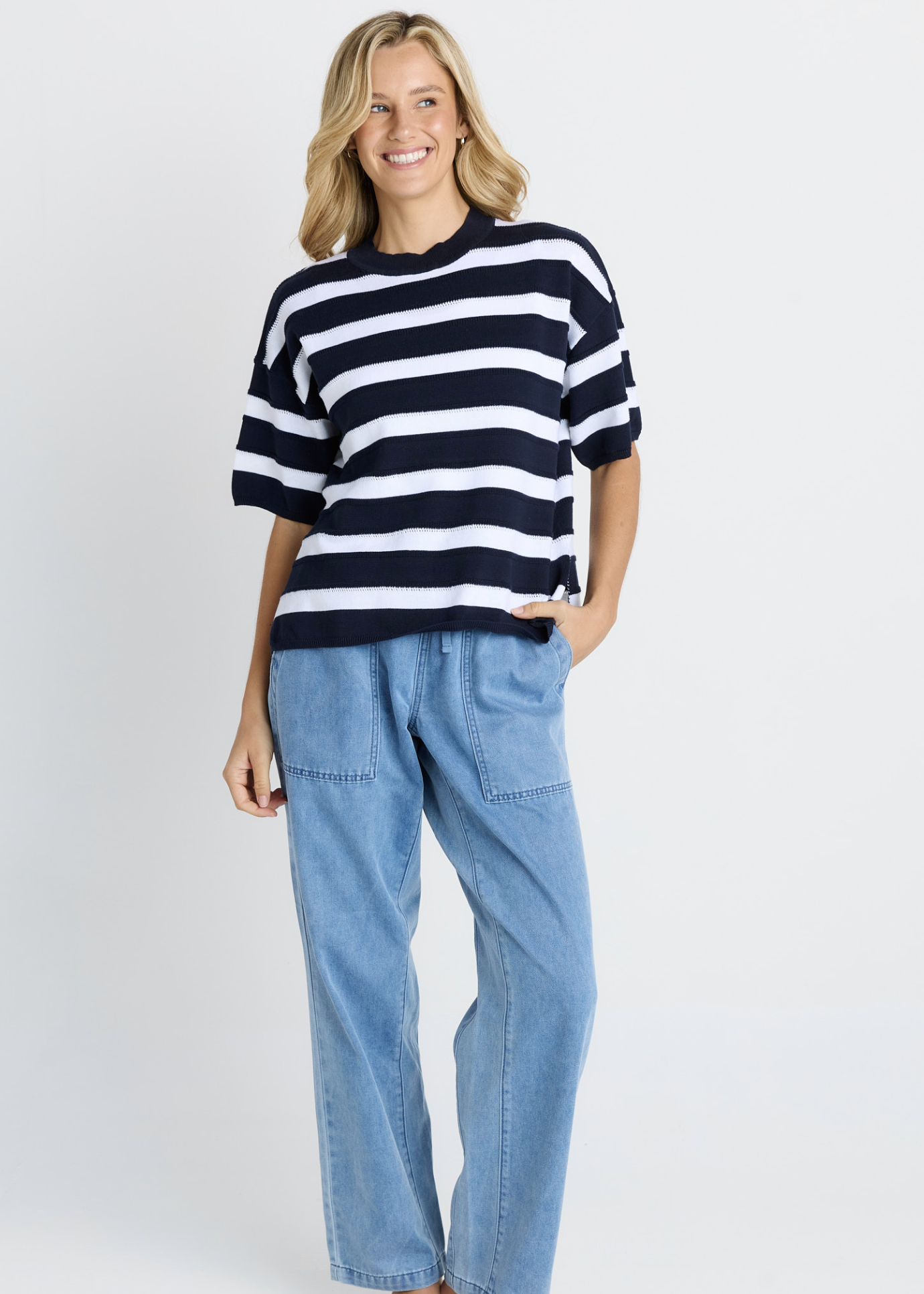 Libby Boxy Top - Navy Stripe | Abbey Road Kaikoura