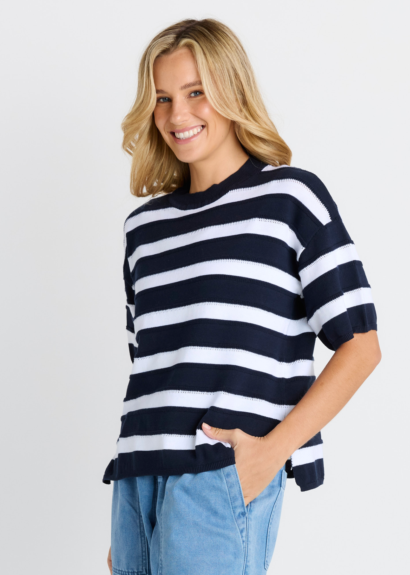 Libby Boxy Top - Navy Stripe | Abbey Road Kaikoura