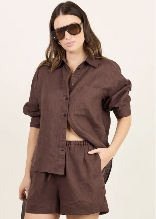 Lifestyle Dark Chocolate Linen Tie Waist Short  | Abbey Road Kaikoura