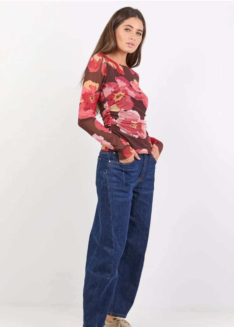 Magnitude Chocolate Red Floral Mesh Long Sleeve Top | Abbey Road Kaikoura