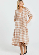 Load image into Gallery viewer, Sass Stevie Tiered Midi Dress/Mocha Check|Abbey Road