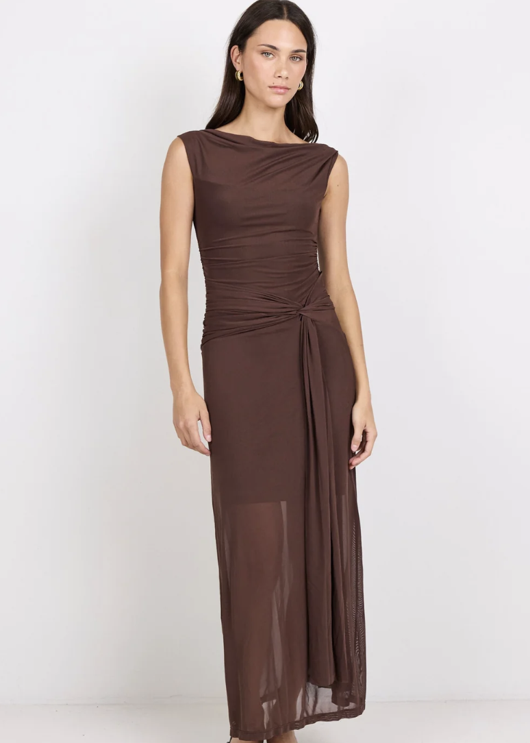 Monarch Mesh Off Shoulder Maxi Dress Chocolate | Abbey Road Kaikoura