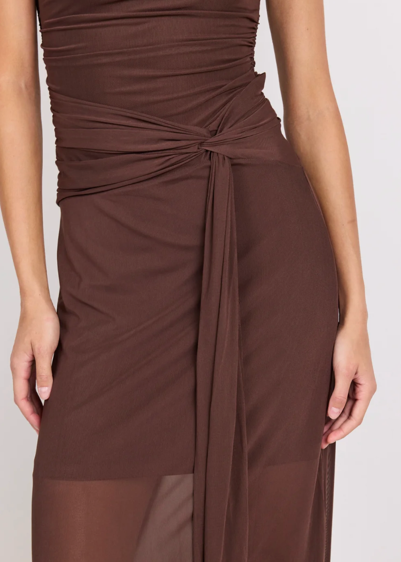 Monarch Mesh Off Shoulder Maxi Dress Chocolate | Abbey Road Kaikoura