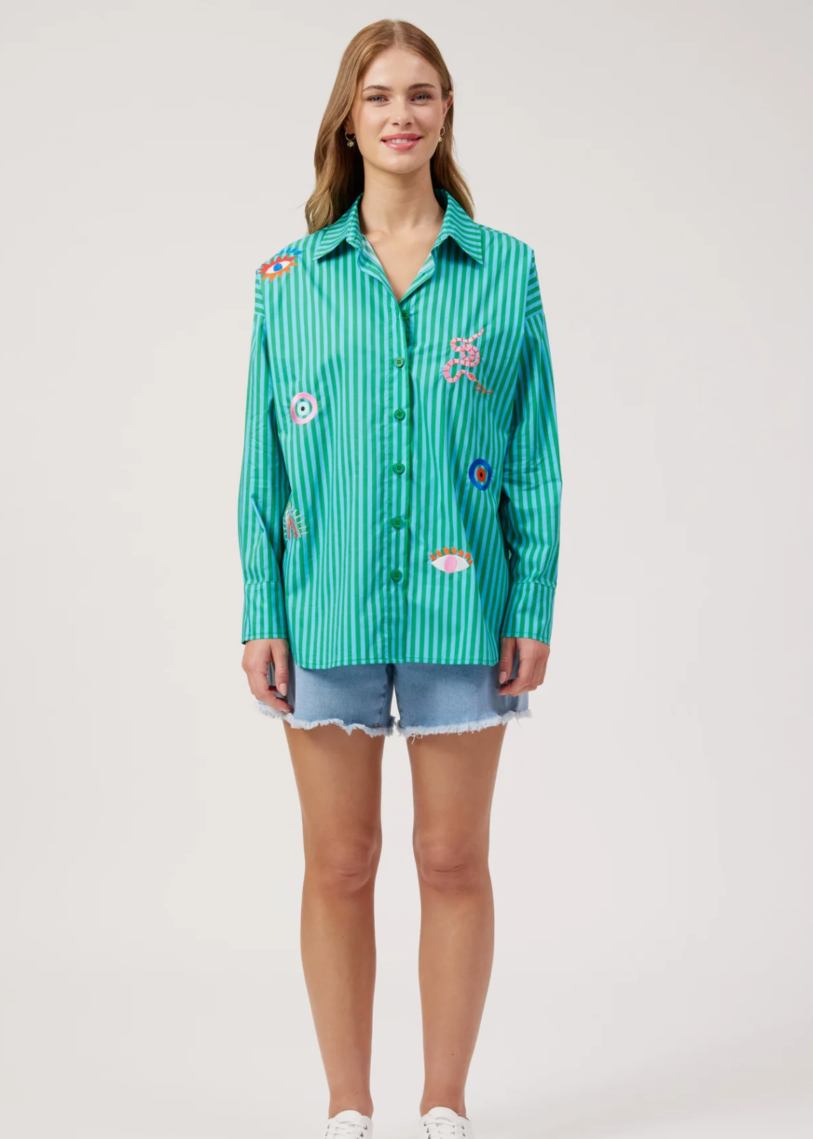 Mykonos Embroidered Stripe Shirt - Green | Abbey Road Kaikoura