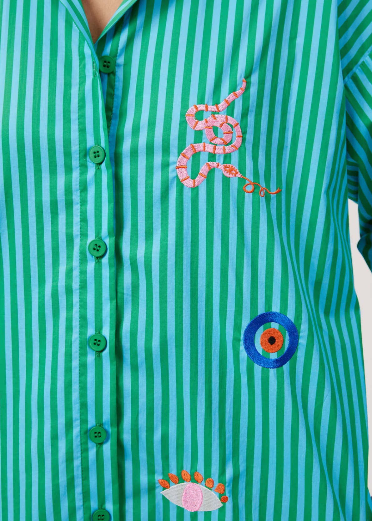 Mykonos Embroidered Stripe Shirt - Green | Abbey Road Kaikoura