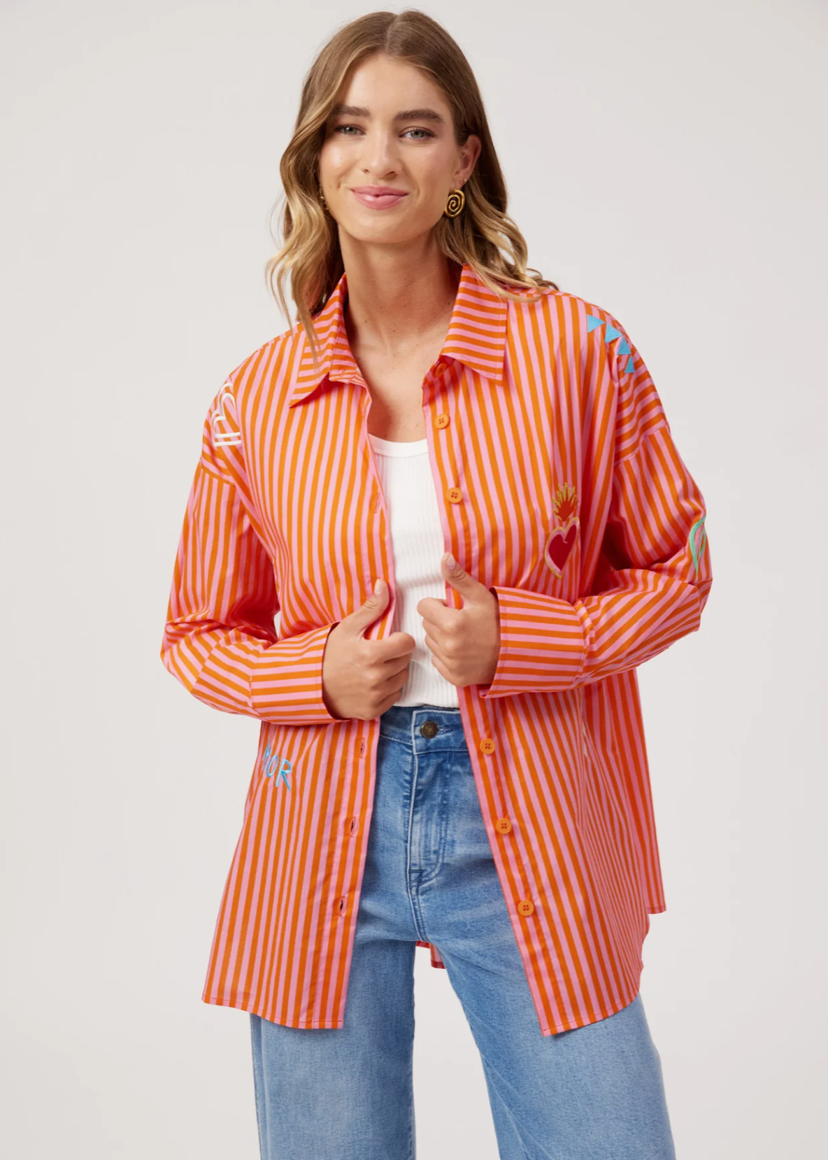 Mykonos Embroidered Stripe Shirt - Pink | Abbey Road Kaikoura