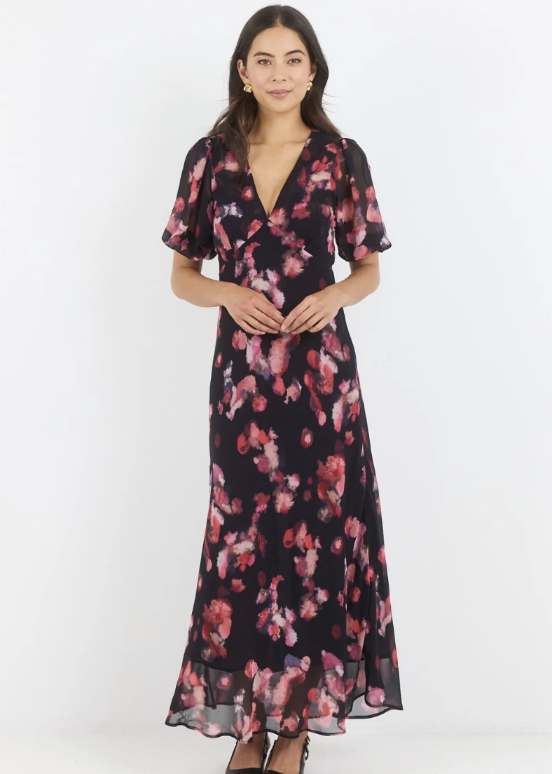 Noble Black Pink Abstract Print V Neck Puff Sleeve Midi Dress | Abbey Road Kaikoura