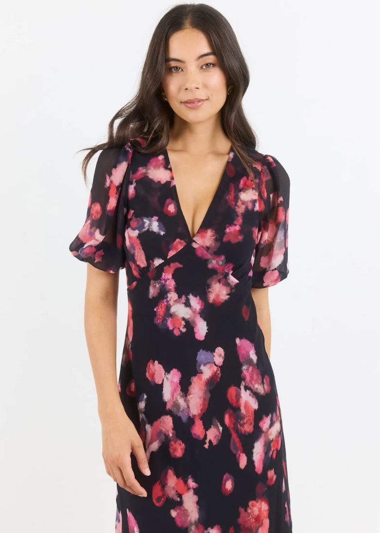 Noble Black Pink Abstract Print V Neck Puff Sleeve Midi Dress | Abbey Road Kaikoura