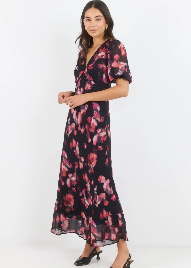 Noble Black Pink Abstract Print V Neck Puff Sleeve Midi Dress | Abbey Road Kaikoura