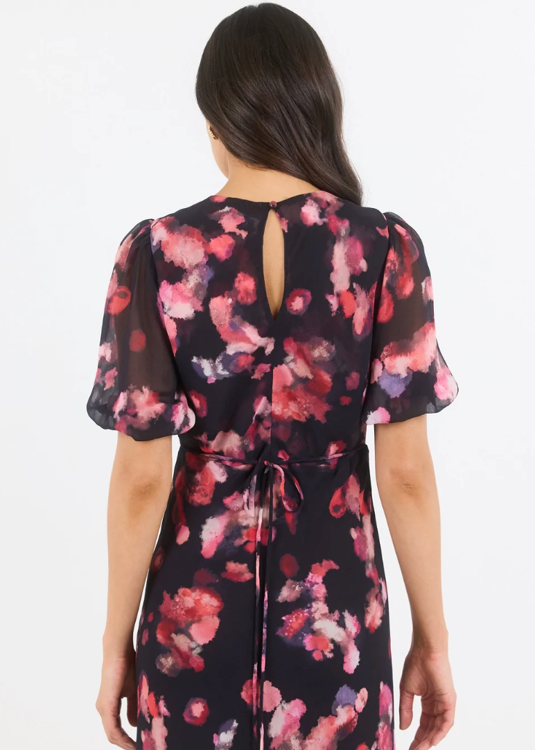 Noble Black Pink Abstract Print V Neck Puff Sleeve Midi Dress | Abbey Road Kaikoura