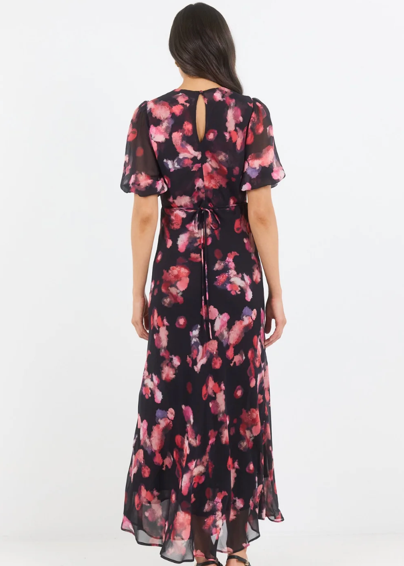 Noble Black Pink Abstract Print V Neck Puff Sleeve Midi Dress | Abbey Road Kaikoura
