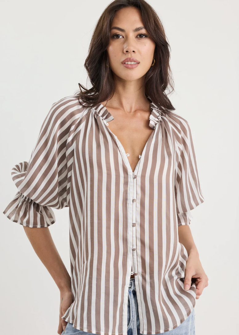 Noetic Chocolate Stripe Short Sleeve Blouse | Abbey Road Kaikoura