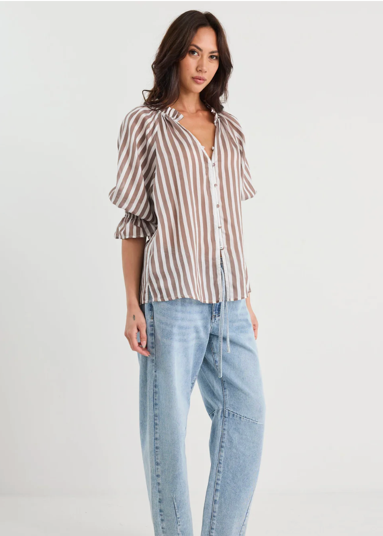 Noetic Chocolate Stripe Short Sleeve Blouse | Abbey Road Kaikoura