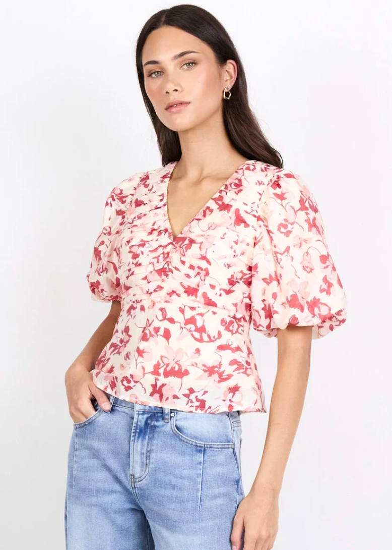 Notch Cream Red Poppy Pleat Front Bubble Sleeve Top | Abbey Road Kaikoura