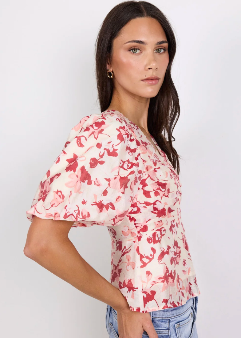 Notch Cream Red Poppy Pleat Front Bubble Sleeve Top | Abbey Road Kaikoura