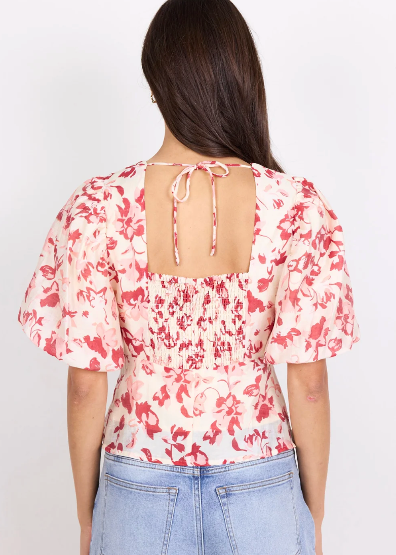 Notch Cream Red Poppy Pleat Front Bubble Sleeve Top | Abbey Road Kaikoura