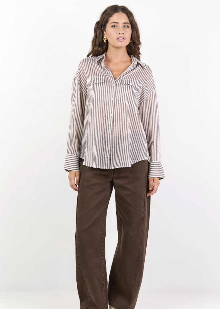 Preppy Chocolate Stripe Pocket Front Shirt | Abbey Road Kaikoura