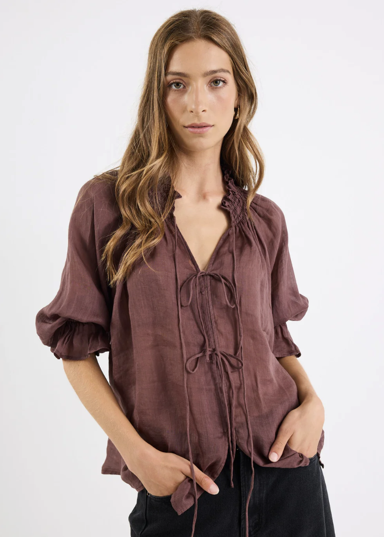 Prospect Chocolate Tie Front Mid Sleeve | Abbey Road Kaikoura