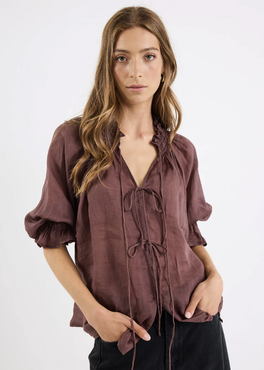 Prospect Chocolate Tie Front Mid Sleeve | Abbey Road Kaikoura